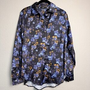 Tahari Womens Floral Button Down Blouse Navy Blue Purple Gold Satin Shirt SP